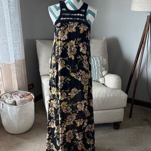 Black Floral Maxi Dress with Crochet Yoke